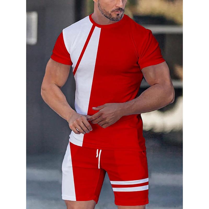 Patchwork Printing Mens 2 Pieces Casual Fashion T-shirt Set Workout Tracksuit Shirt And Shorts Set Sport Summer Outfit Sets