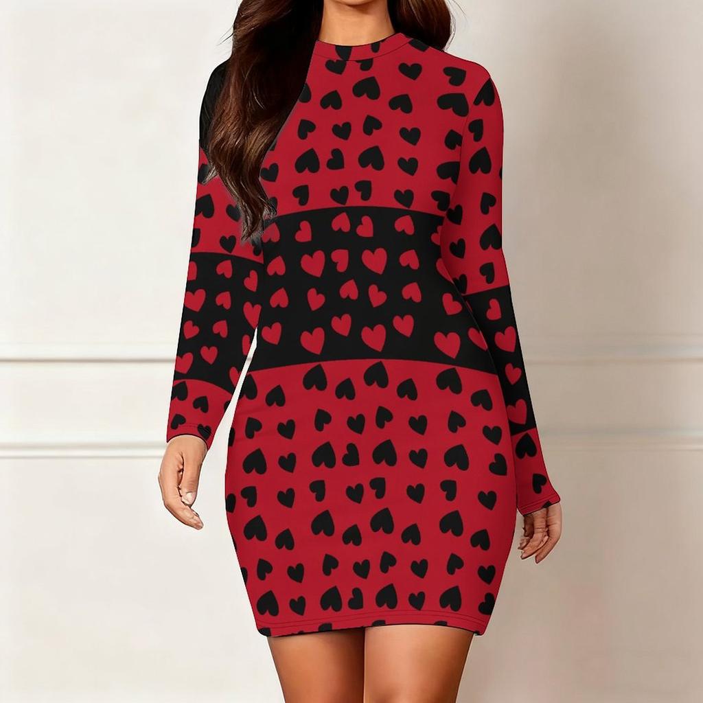 2025 Autumn and Winter New 3D Love Pattern Print and Dyeing Women's Fashion Long-sleeved Round Neck Hip-wrapped Dress Valentine's Day Limited