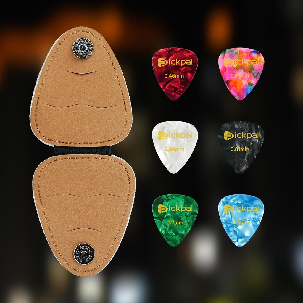 PICKPAL Bakelite Guitar Pick Holder with Leather Clip and Six Picks - Acoustic Instrument Accessory