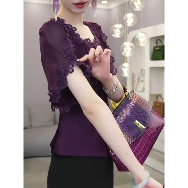 Summer New Luxury Social Temperament Purple Fashionable Waist Shirt Top