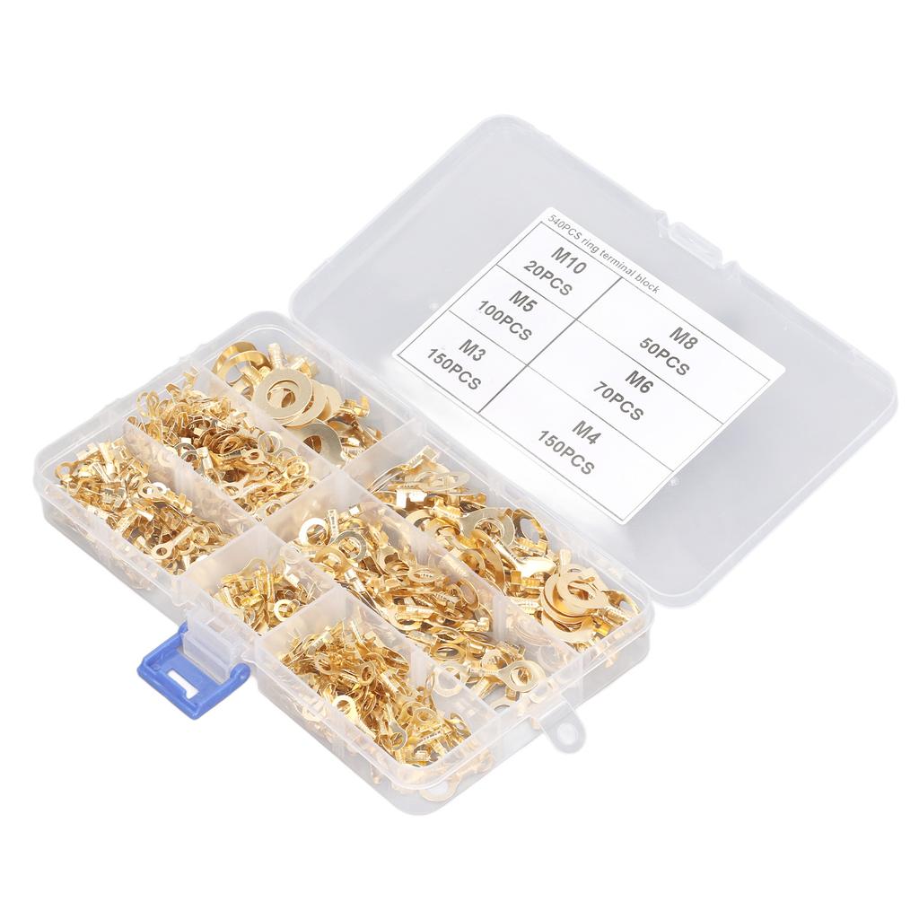 540Pcs Conector terminal inelar din alamă aurie M3 M4 M5 M6 M8 M10 în formă de O pentru sârmă