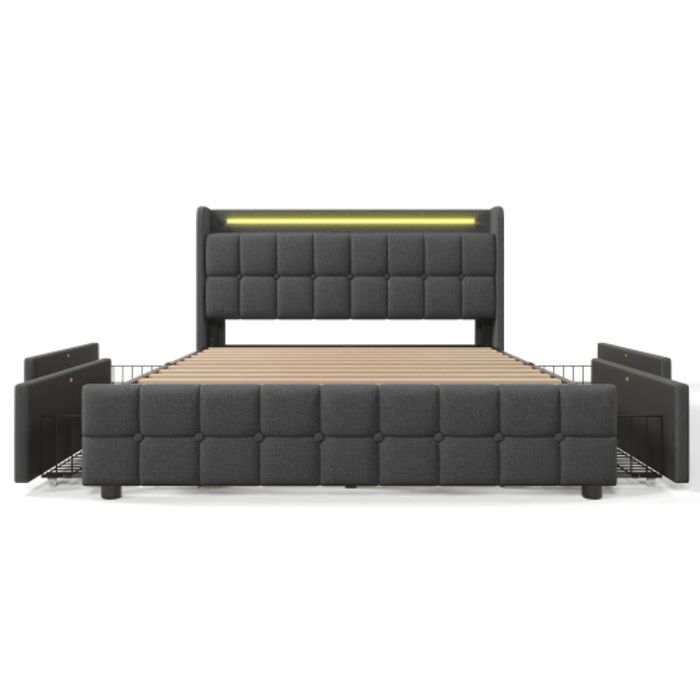 Lit - MUVOE - 160x200 cm - Rembourré - Éclairage LED - 4 tiroirs - Recharge USB