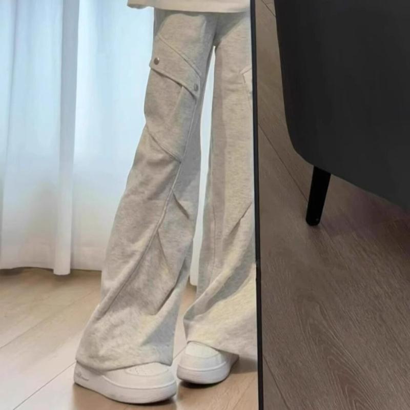 Vintage American High-Street Grey Sweatpants for Women - Spring Loose Straight-Leg Floor-Length Casual Wide-Leg Joggers