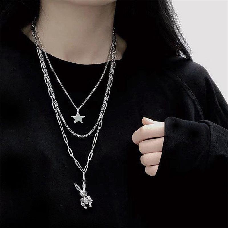 European & American Minimalist Cross Layered Necklace with Movable Rabbit Pendant - Unisex Trendy Sweater Chain