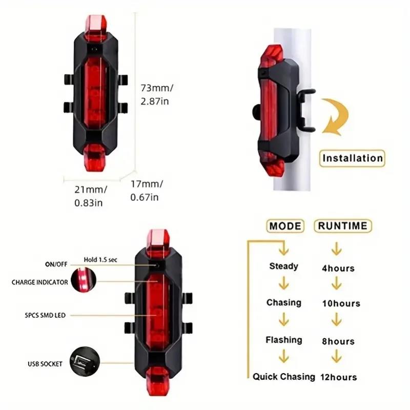USB Rechargeable Bike Light Set with Front And Taillight Easy To Install 4 Modes Bicycle Accessories for Cycling Safety 7