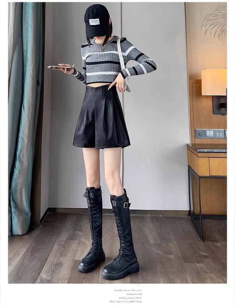 Women's High-Waist Khaki A-Line PU Leather Shorts, Autumn/Winter 2024, Wide-Leg Bootcut Casual Wear