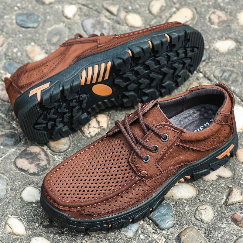 Fashion Spring and Summer Outdoor Sports Men Hiking Leather Shoes Breathable Top Layer Cowhide Casual Leather Shoes