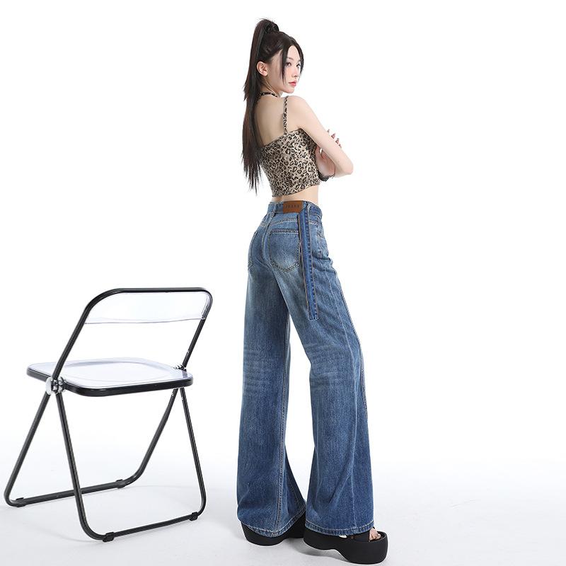 American retro lace-up micro-pull jeans women's autumn new straight loose high-waisted thin pants