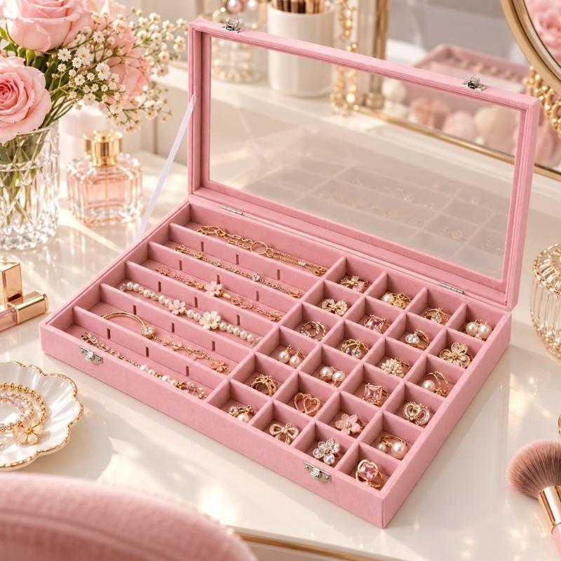 Soft-Lined Jewelry Storage Tray with 48 Sections, Adjustable Dividers, and Clear Cover for Dresser or Drawer Storage