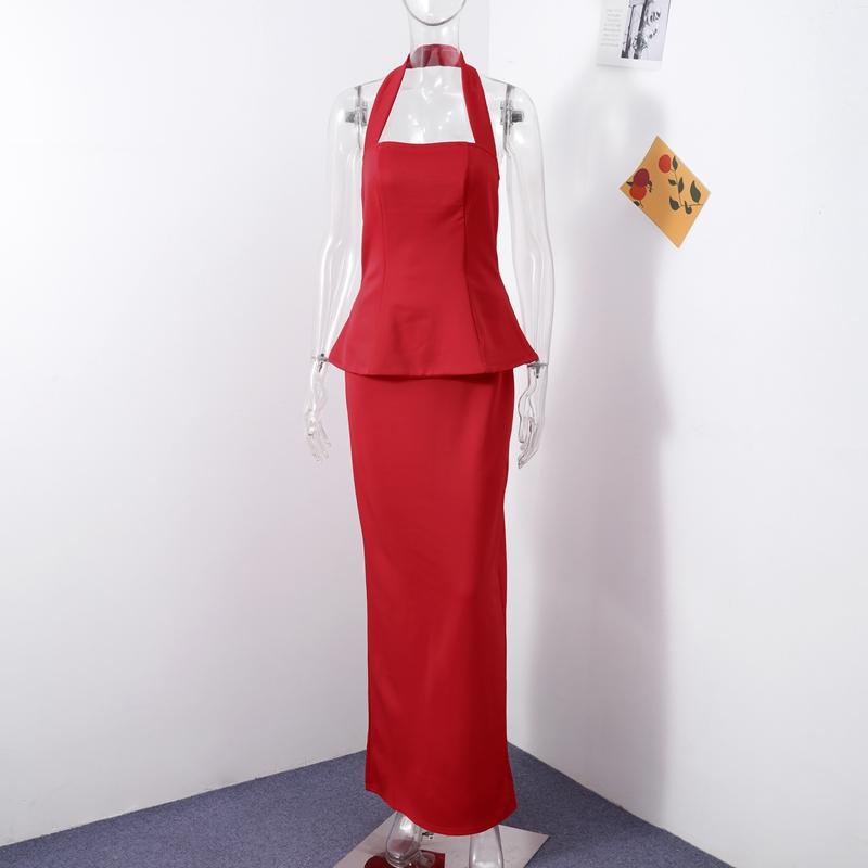 Elegant Halter Top Skirts Set Women Solid Color Backless Sleeveless Crop Tops Split Long Skirt 2025 Spring Summer New Ladies Outfits