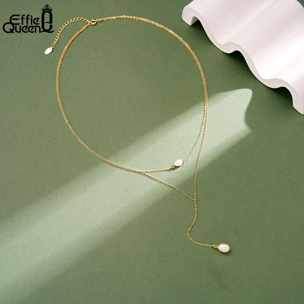 EFFIE QUEEN 925 Pure Silver Elegant Y Clavicle Pendant Necklace Natural Freshwater Pearl Party Y-shaped Chain Women's Gift BQN27