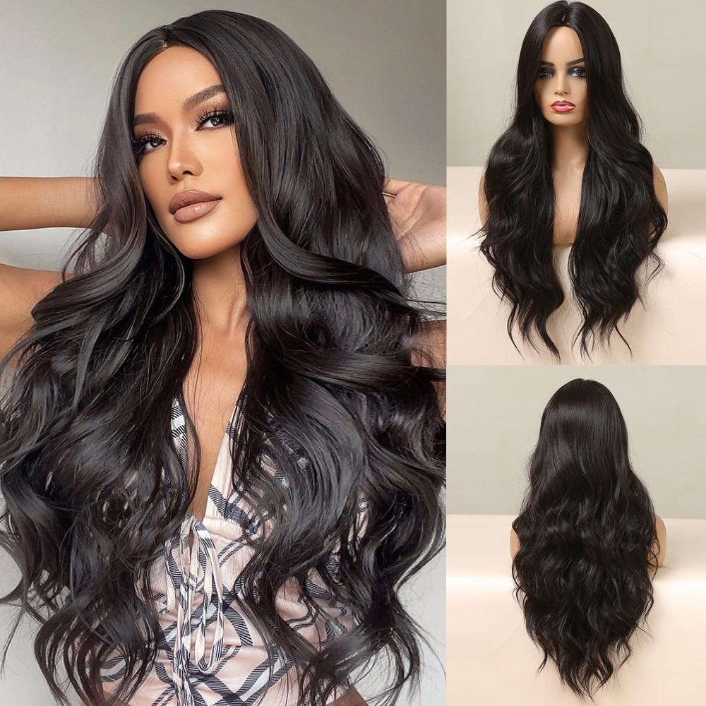 ALAN EATON Long Water Wavy Dark Brown Synthetic Wigs Middle Part Natural Looking Daily Party Wig for Women Heat Resistant Fiber