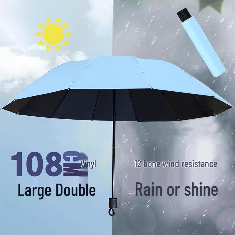 Large Dual-Use Umbrella for Sun and Rain, Manual Folding, Reinforced for Two, Black Glue Sunscreen, Suitable for Men and Women