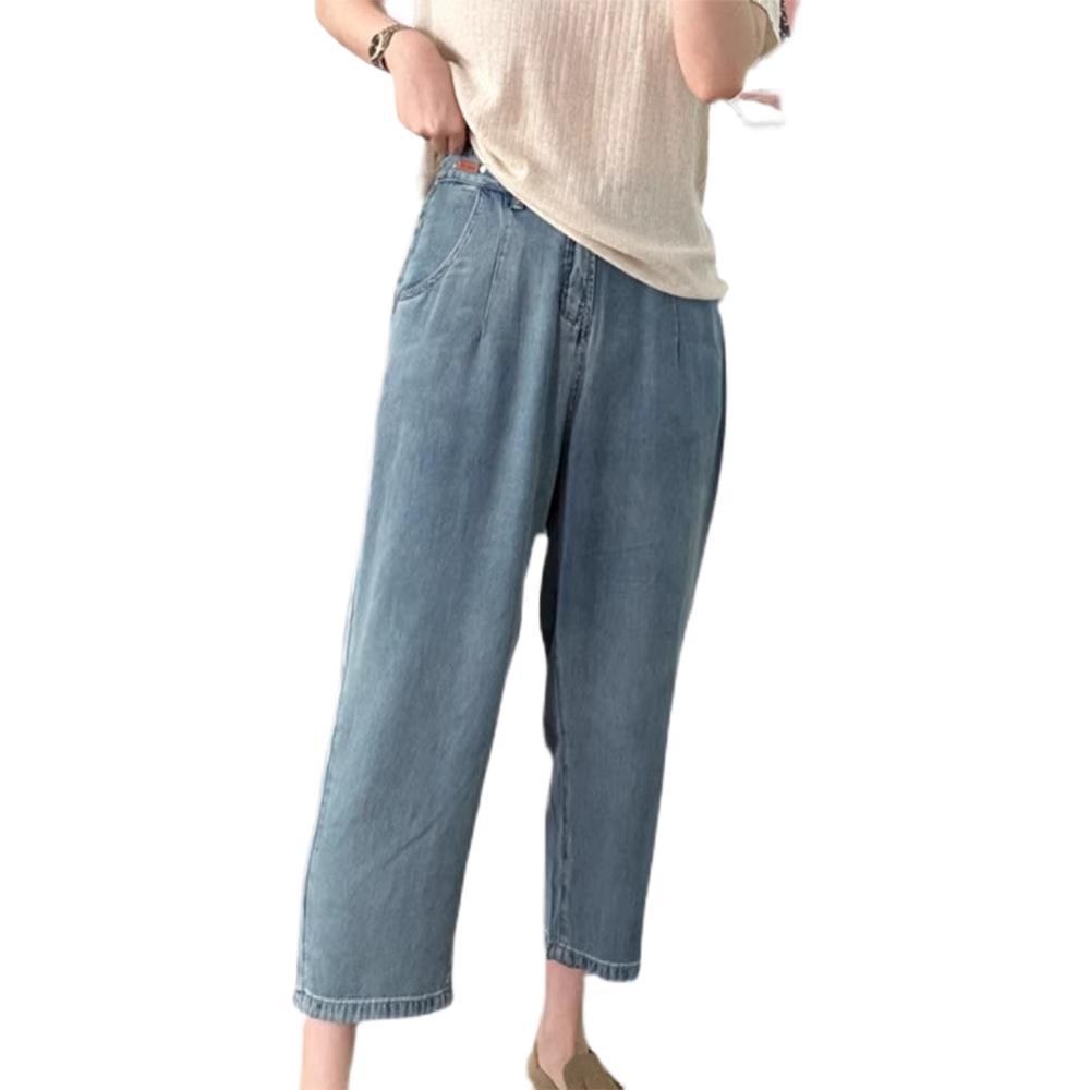 Women's Plus Size Tencel Denim Jeans - Summer Thin Ice Silk High Waist Slimming Harem Wide Leg Pants for Pear Shape.
