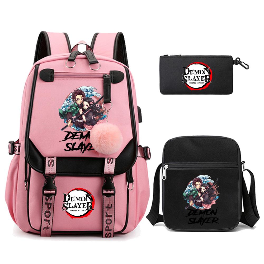 3Pcs/set Cartoon Demon Slayer Printed Backpack with Shoulder Bag for Teenager Student Girl Boy Bookbag Large Capacity Travel Bag