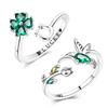 Original 925 Silver Green Zircon Adjustable Size Lucky Four Clover Hummingbird Open Ring For Women Jewelry Party Gift