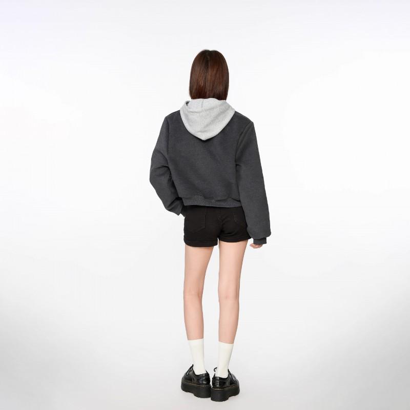 Womens Short Gray Wool Blend Cropped Bomber Jacket 2026 Fall Loose Fit Hooded Outerwear