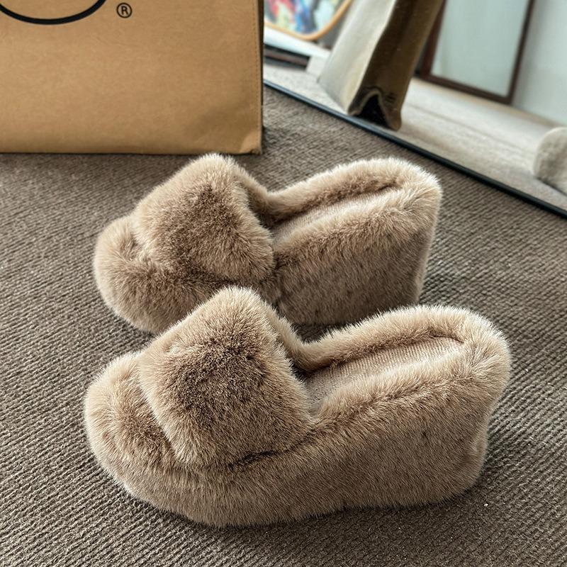 Small Slope Heel Super High Hairy Slippers Women Wear Autumn and Winter Home Hairy High Heel One-word Drag