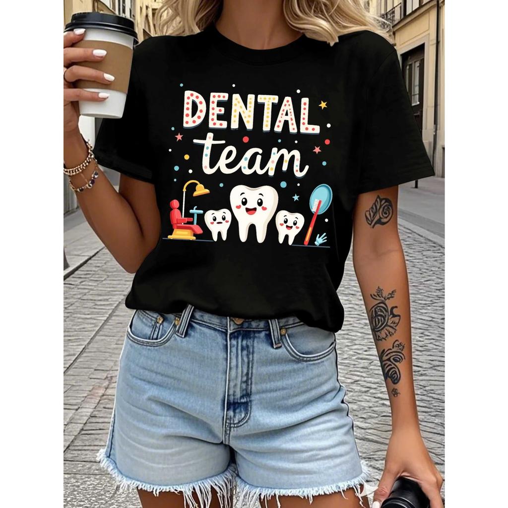 Women's Dental Team Smiling Teeth Graphic T-Shirt - 100% Comfort Fit Short Sleeve, Funny Dentist Apparel with Dental Tools & Braces Design