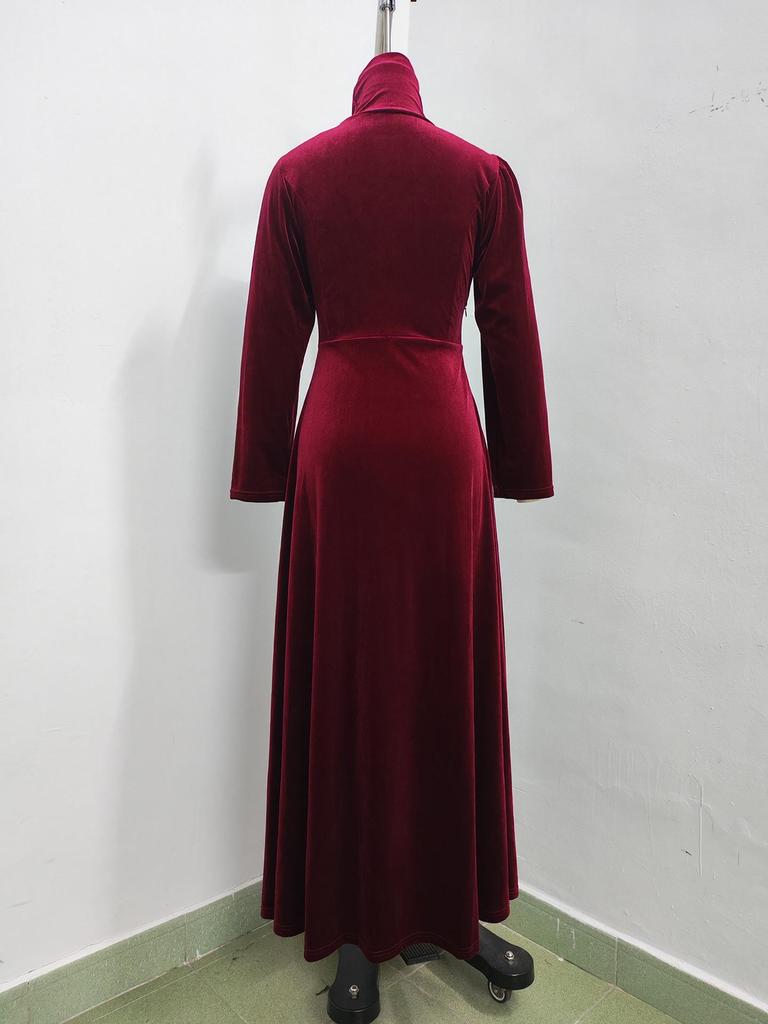 Elegant Gold Velvet High Collar Puff Sleeve Cinched Waist Long Dress for Autumn & Winter