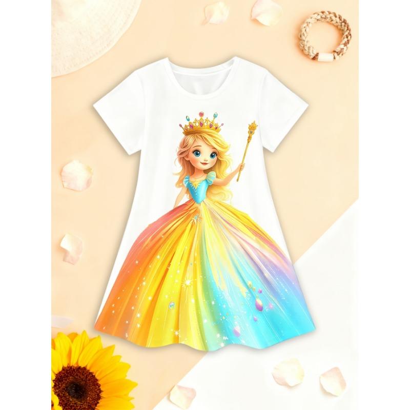 Girls' Short-Sleeve Dress with Unicorn 3D Print - -Line Mid-Length Dress Suitable for Summer &