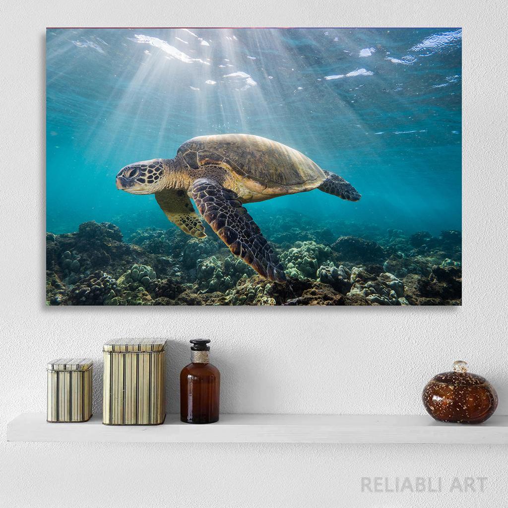 Green Sea Turtle Swims Underwater Wall Pictures Canvas Painting Ocean Marine Life Animal Posters Prints for Living Room Decor