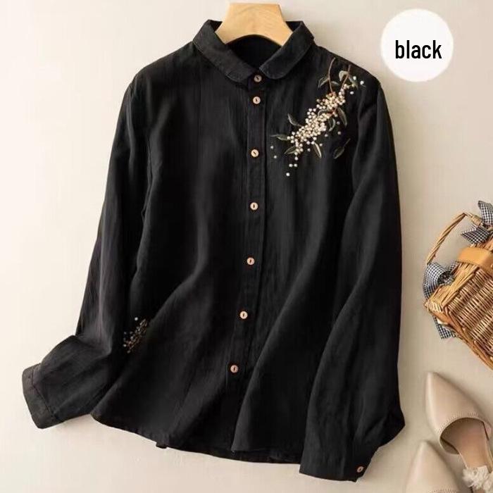 Hong Kong Style Embroidered Cotton Linen Shirt - Artistic Retro Casual Top for Women, Spring/Autumn 2025.