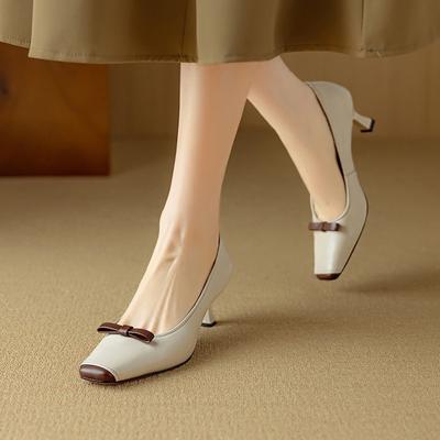 Fashion NEW Spring/Autumn Women Pumps Square Toe Thin Heel Shoes Split Leather Shoes for Women Elegant Bow-knot Slip-on Shallow Shoes