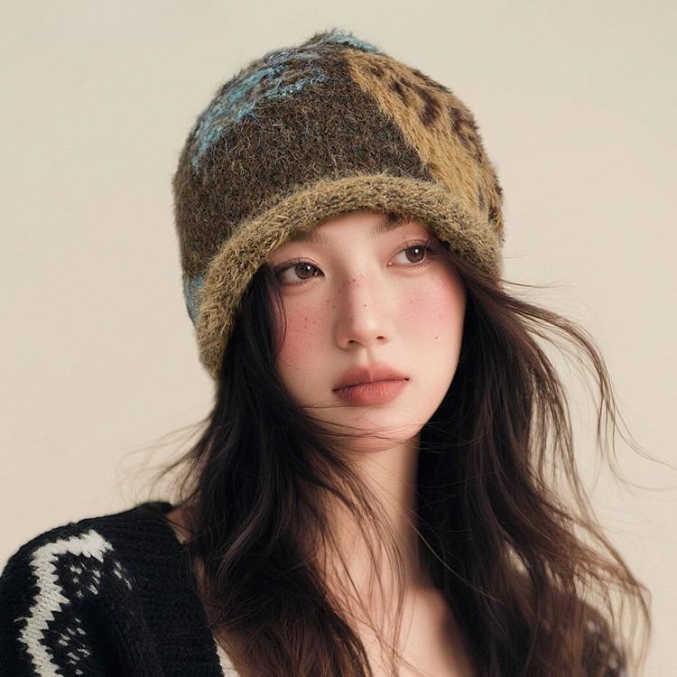 Spring and Autumn Warm Retro Pulled Leopard Print Versatile Big Head Circumference Pile Hat Woman