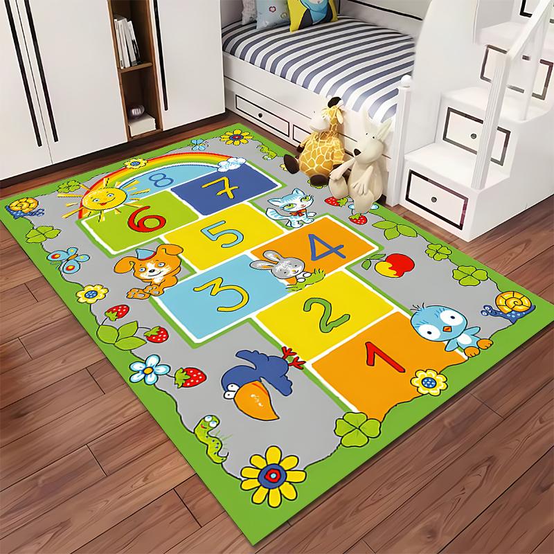 Colorful Hopscotch with Cute Animals Design Non-slip rug suitable for living room and bedroom sofas.