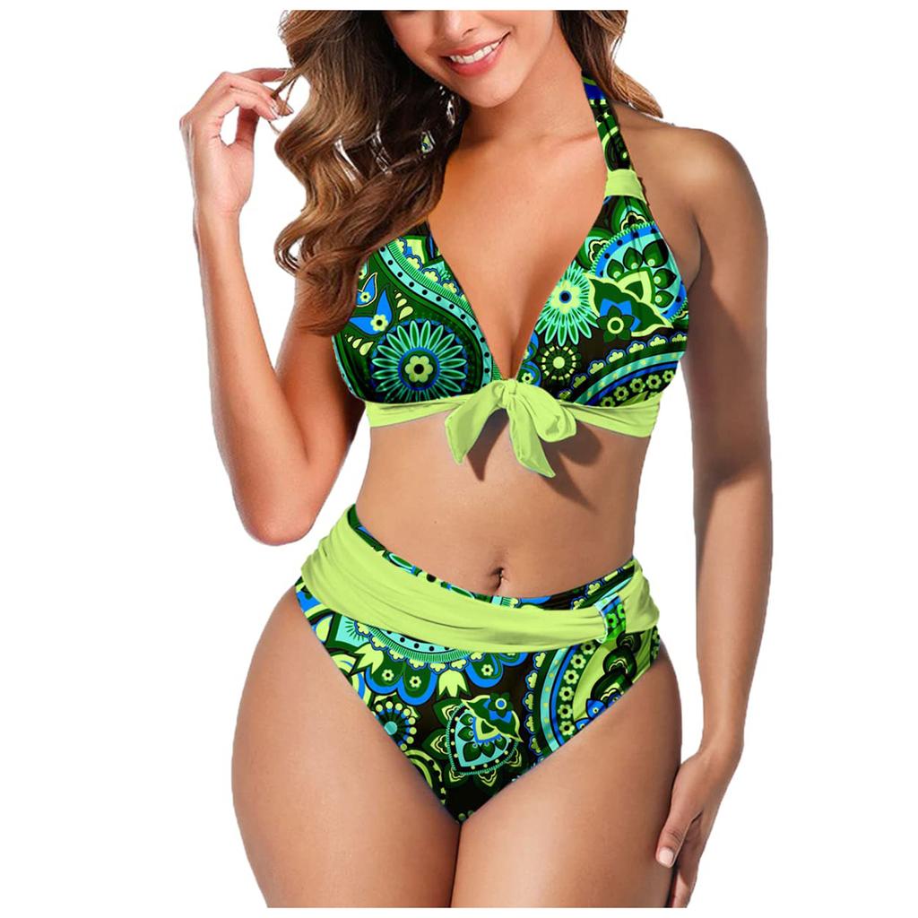 Women's Fashion Split High Waist Printed Bikini With Bra Pads And No Steel Bra Swimsuit