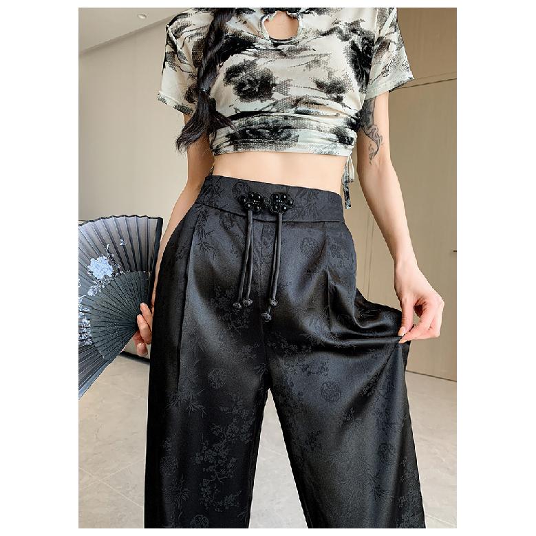 Chinese-style Faux Satin Jacquard Wide-leg Pants for Women, 2026 New Design, Niche High-waisted Slimming Casual Floor-length Trousers