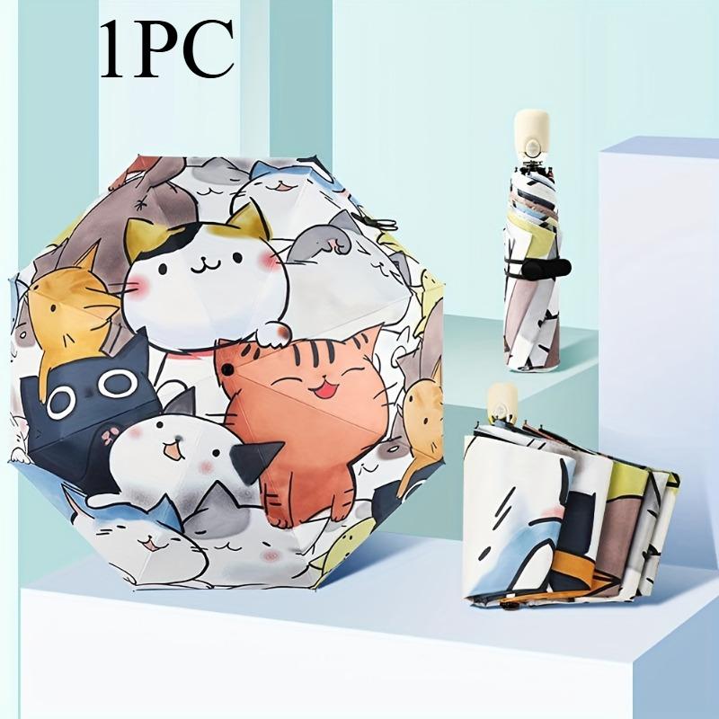 1PC foldable portable travel umbrella with comfortable silicone handle, printed with anime cat pattern, suitable for rainy and sunny days.
