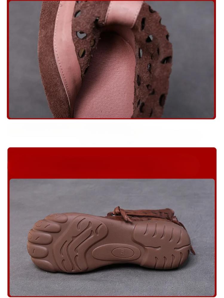 Johnature Ethnic Style Summer Boots Retro Genuine Leather Hollow-out Soft Sole Breathable Women's Shoes