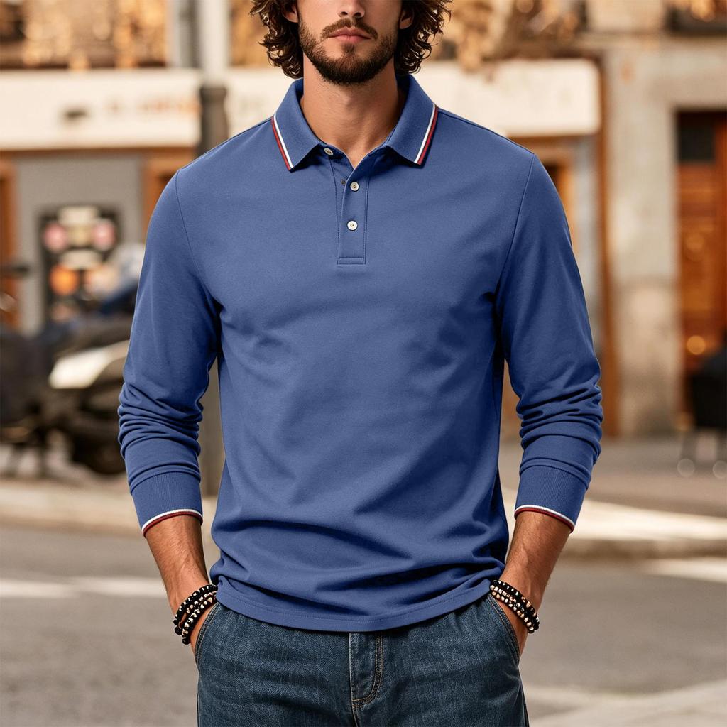 Men's Long Sleeve Polo Shirt Classic Solid Color Button Down Collar Slim Fit Casual Top for Everyday Wear Comfortable Fabric
