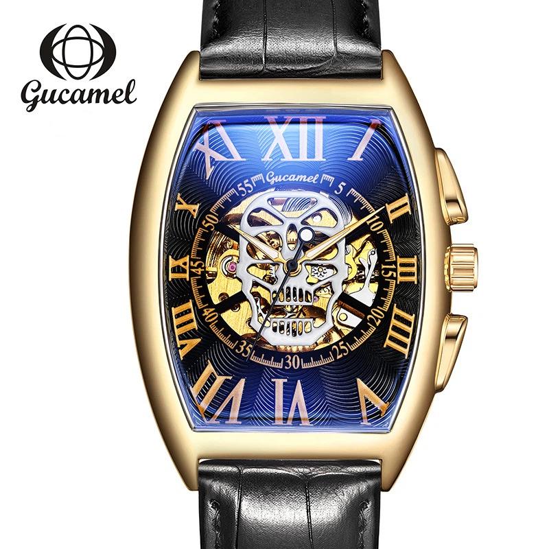 Top brand new wine barrel European and American men's fashion skull hollow automatic mechanical watch men's watch