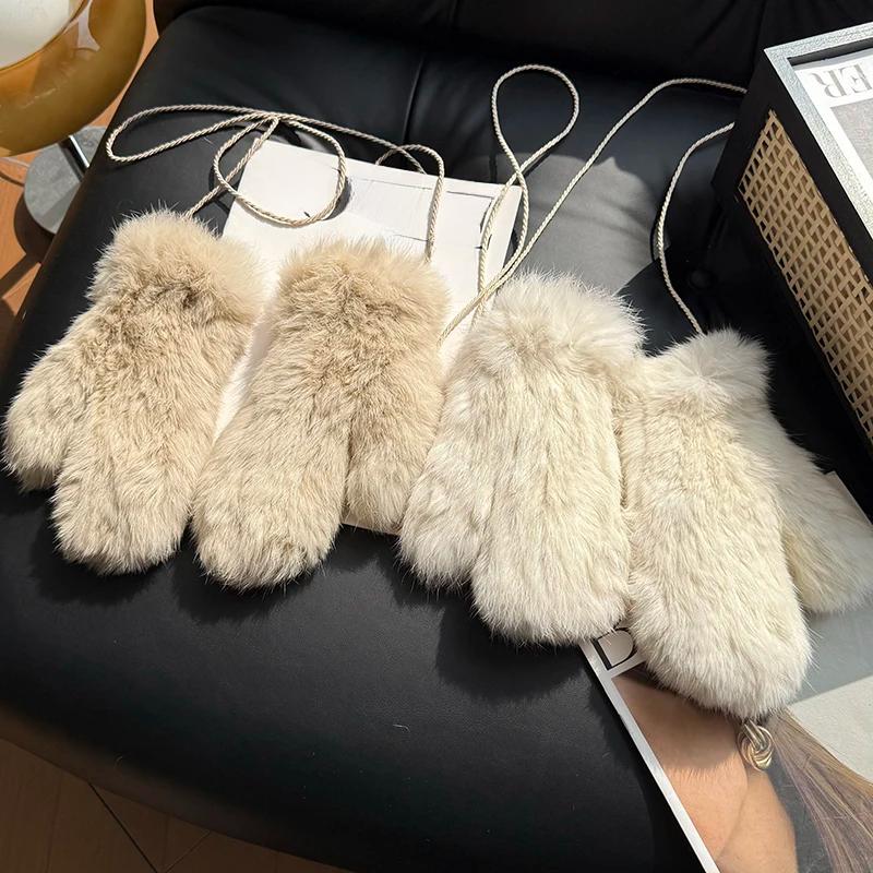 Winter Women Real Rabbit Fur Gloves Natural Thick Style Rabbit Fur Mittens Outdoor Girls Keep Warm Hand Knitted Fur Glove