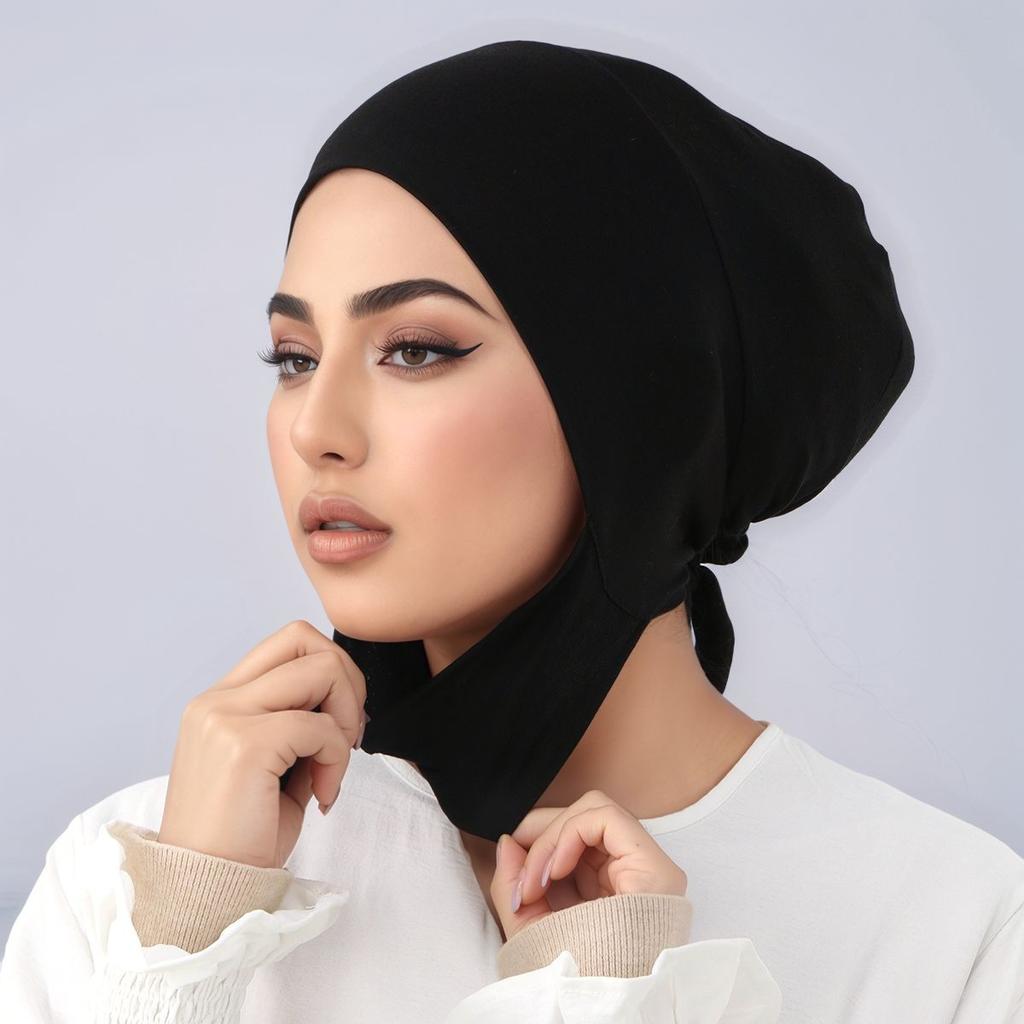 Muslim Women Instant Hijab With Straps Bonnet Soft Jersey Modal Tie Back Undercap Inner Cap Solid Stretch Turban Headband Eid
