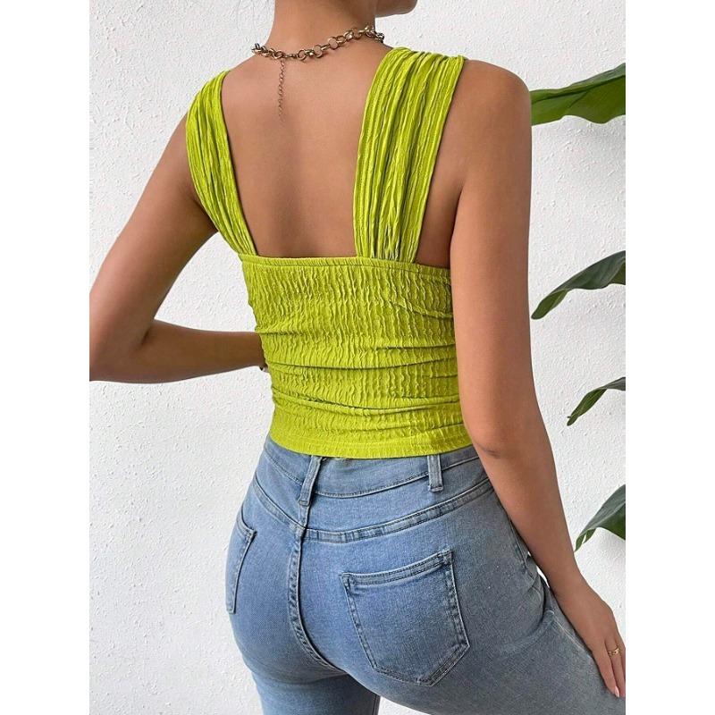 Women's Sleeveless Crop Top with Exposed Navel, Square Collar and Shoulder Strap Vest