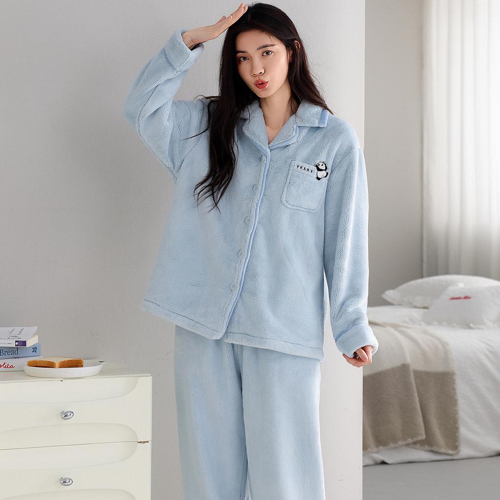 Coral Fleece Pajamas Women'S Autumn And Winter Winter Fleece Warm Suit Flannel Thickened Loungewear