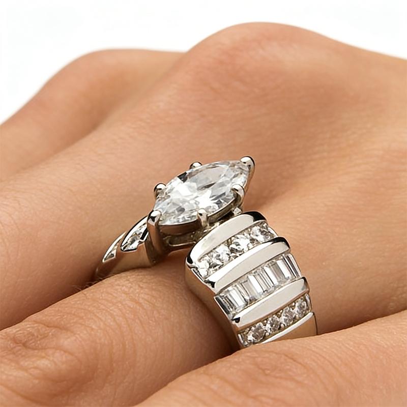 Full diamond horse eye shaped zircon ring, European and American fashionable women s simple and creative high-end ring 6 серебряный