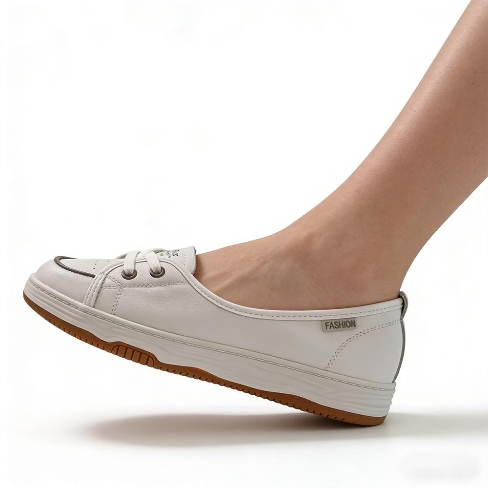 Women White Leather Casual Sneakers Slip-On Comfort Walking Shoes Fashion Loafers Flat Cowhide Lightweight Daily Wear