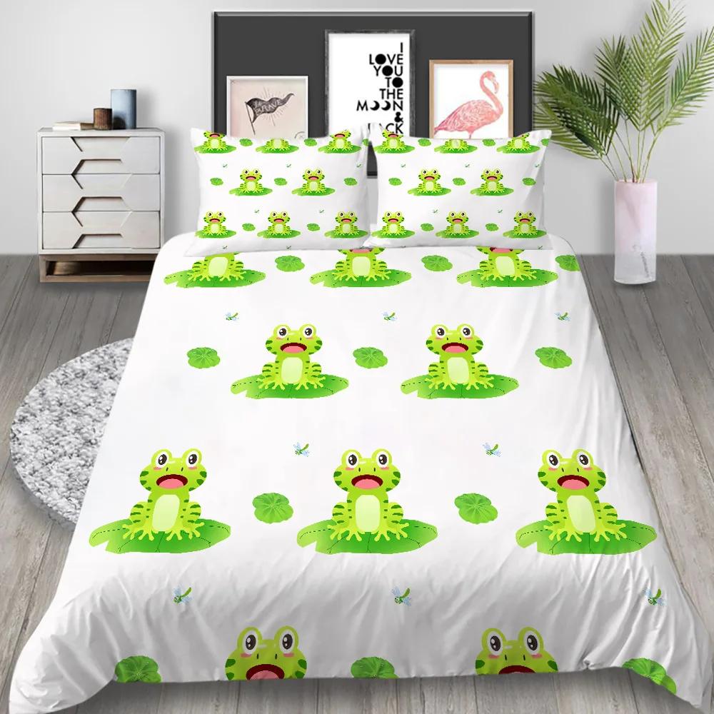 Cartoon Frog Duvet Cover Set King/Queen Size Reptile Animal Theme Bedding Set Cute Green Frog Polyester Comforter Cover for Kids