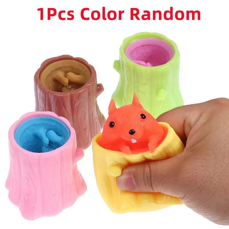 Squeeze Squirrel Stump Cup Pinching Toy with Music for Kids Antistress Fidget Decompression Tree Stump Miniature Weird Play