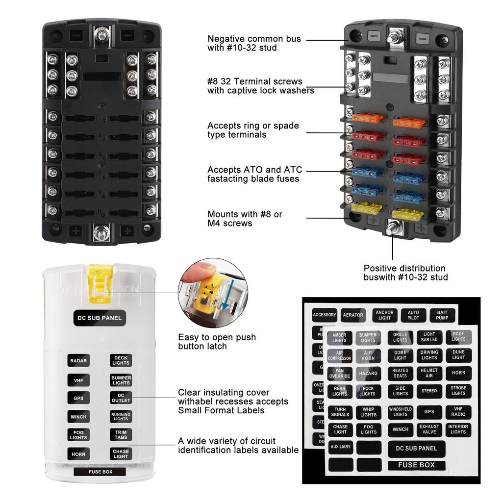 6/12 Way Blade Fuse Box Holder With LED Indicator Waterproof 12-36V Power Distribution Panel For Car Boat Auto Marine RV Camper