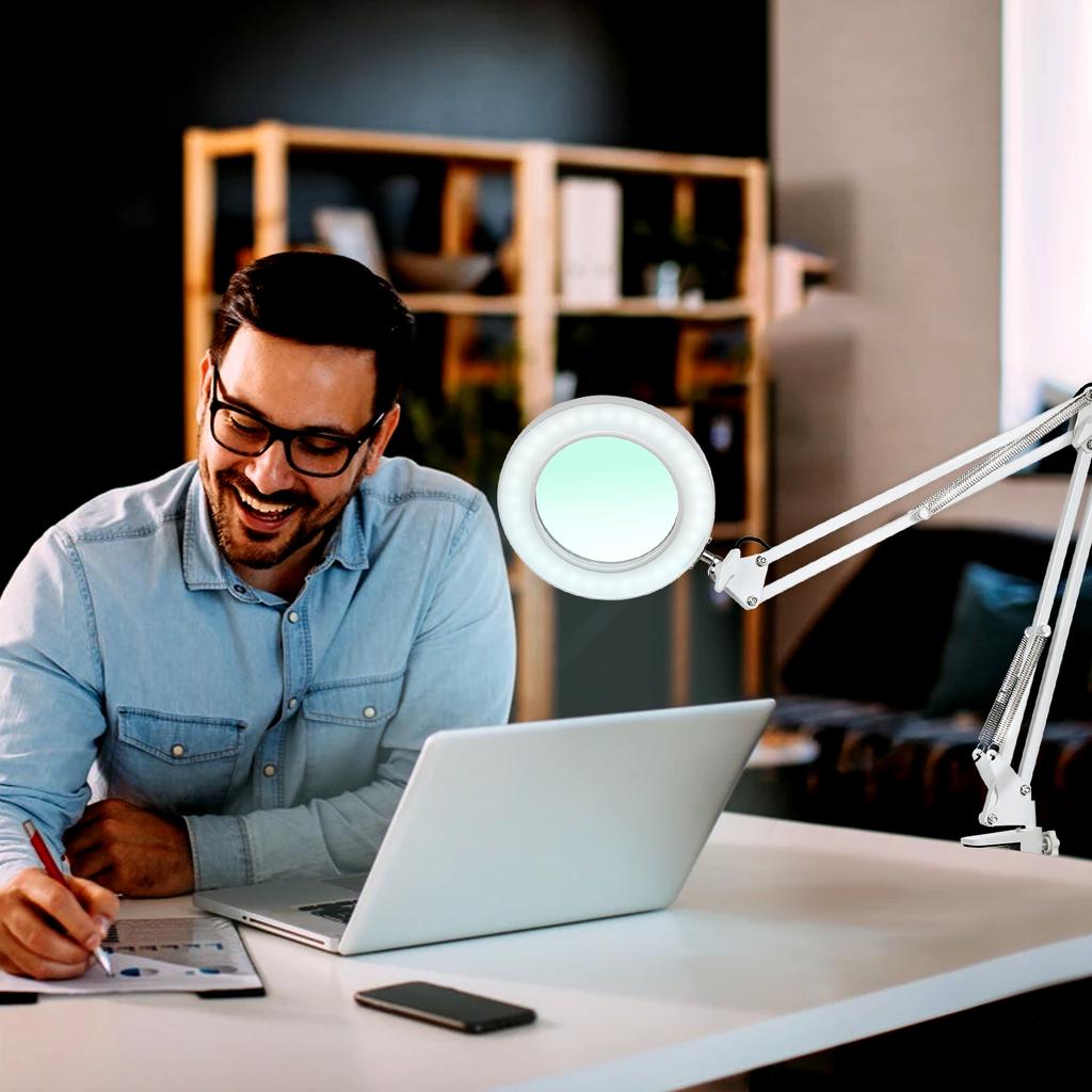 Flexible Klemme auf Tischlampe mit 8x Lupe Schwenkarm Dimmbare LEDs Schreibtischleuchte 3 Farbmodi & 10 Helligkeitsstufen