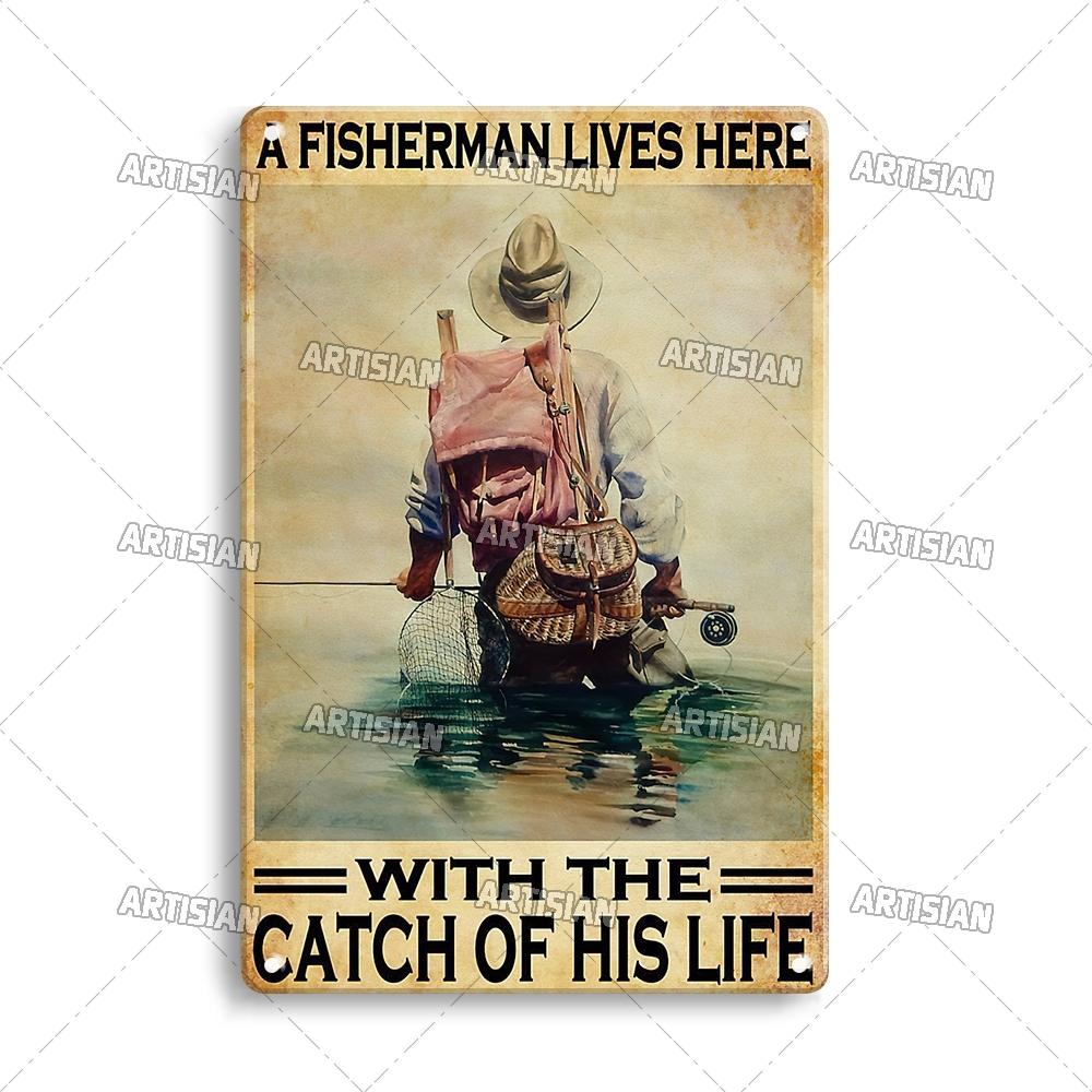 Artisian Fishing Metall-Poster, Sport, Weißblech, Köder, dekoratives Schild, Wanddekoration, Garage, Bar, Pub, Club, Hotel, Café, Küche, Zuhause