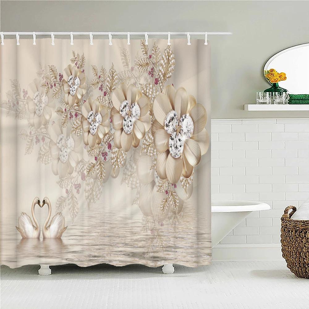 Waterproof Fabric Shower Curtain Colorful Flowers Pattern Printed Shower Curtains With 12 Hooks Multi-size Bath Screen