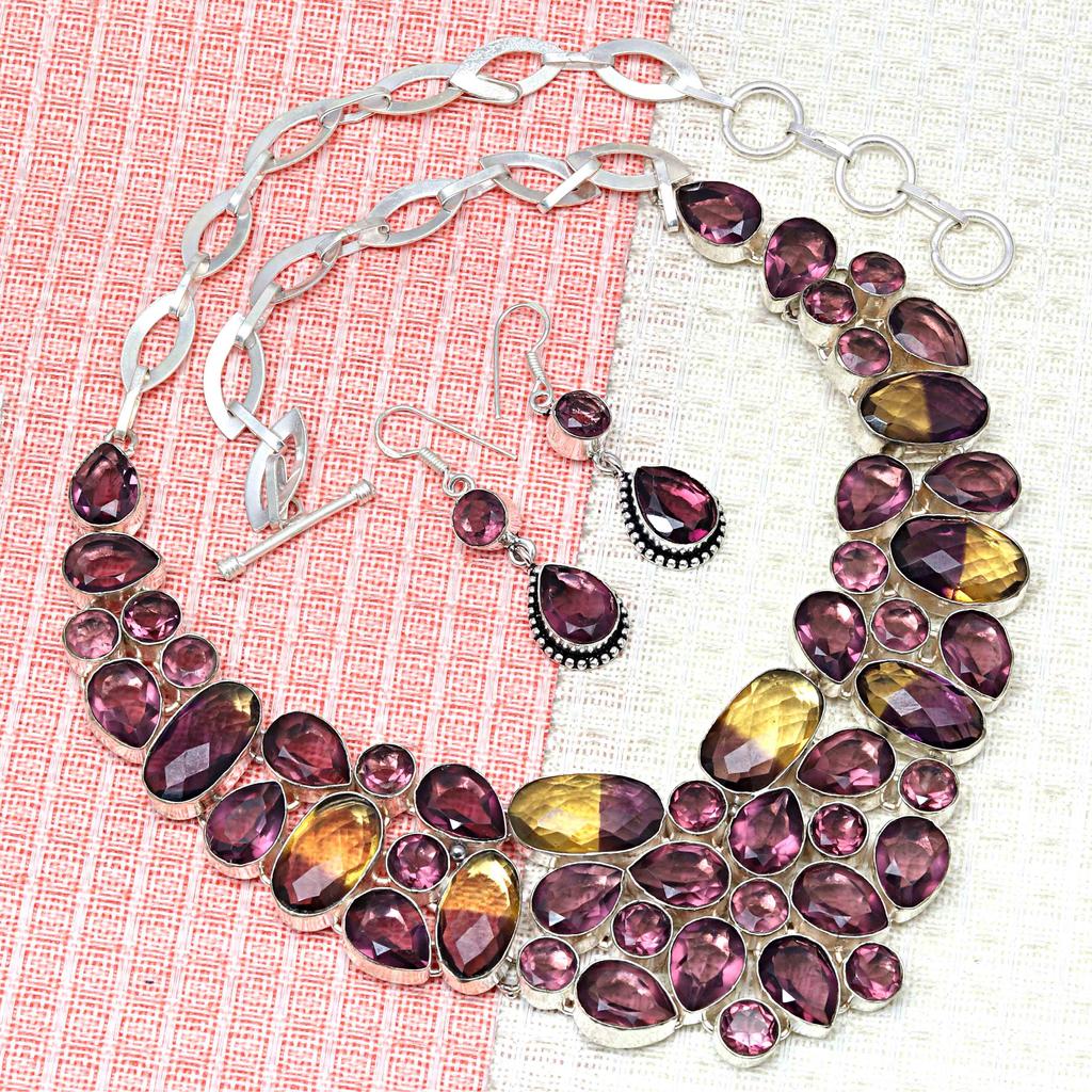 Ametrine ,Rubylite Facited Gemstone Jewelry Necklace &Earrings 18-20''