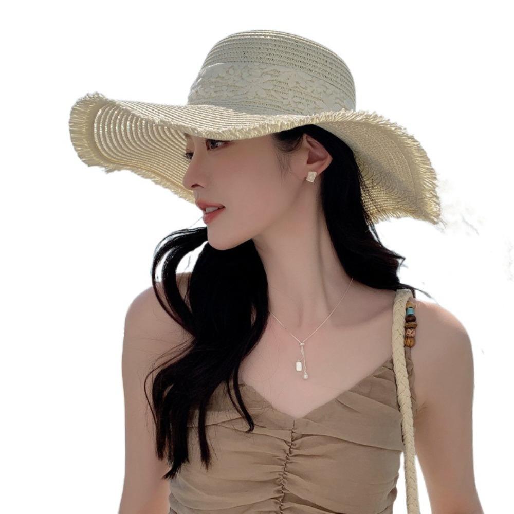 Breathable Wide Brim Sun Hat Large Brim Sunshade Cap Vacation Lace Bowknot Straw Hat  Woman